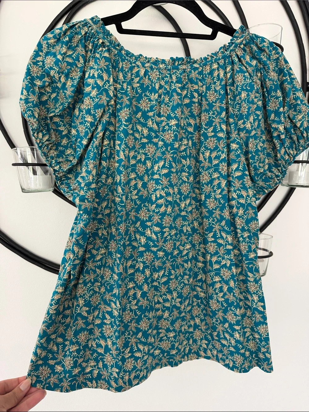 Madewell Teal Floral Puff-Sleeve Peasant Top